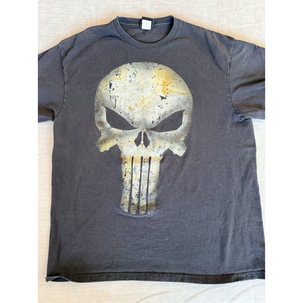 Marvel Punisher Skull Shirt Mens L Black Distressed Graphic Tee Mad Engine